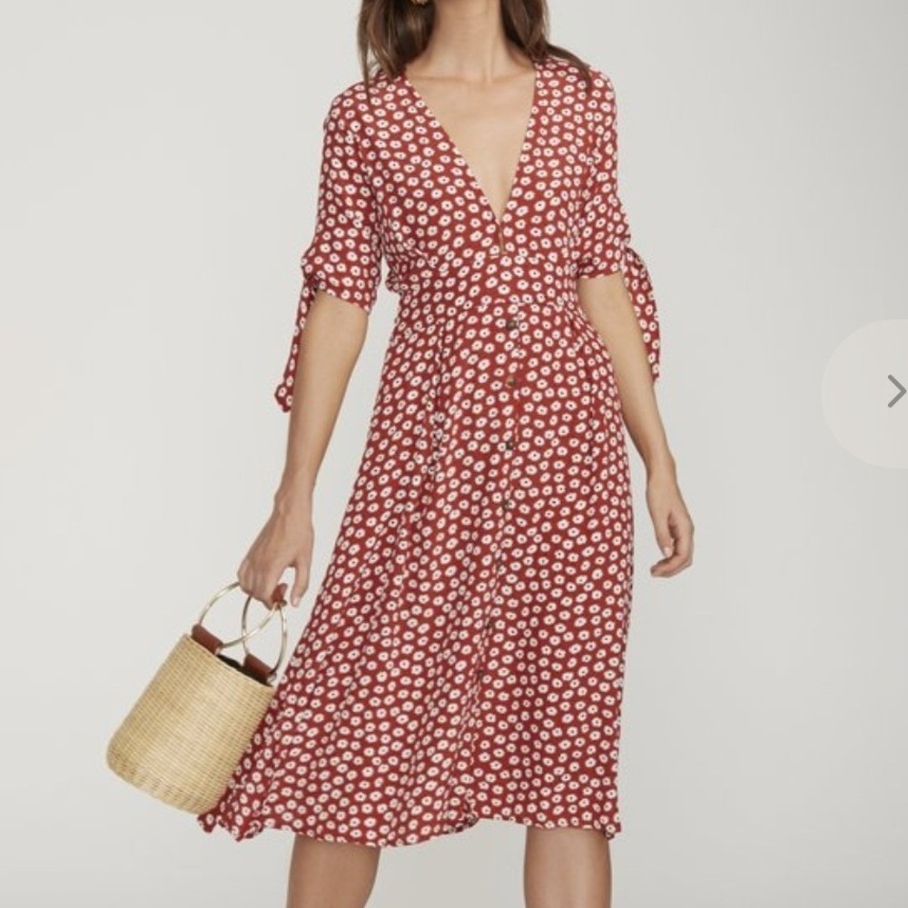 Faithfull The‎ Brand Nina Brick Red Daisy Floral Midi Dress Tie Sleeve Womens 4